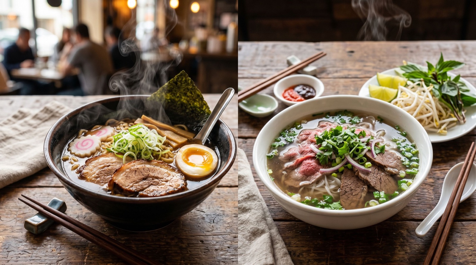 Steaming bowls of ramen and pho noodle soup